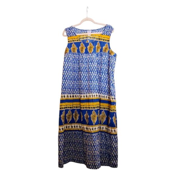 Vicki Wayne 2X Indian Cotton Block Print Blue/Gold Midi Boho Peasant Dress - Picture 1 of 2
